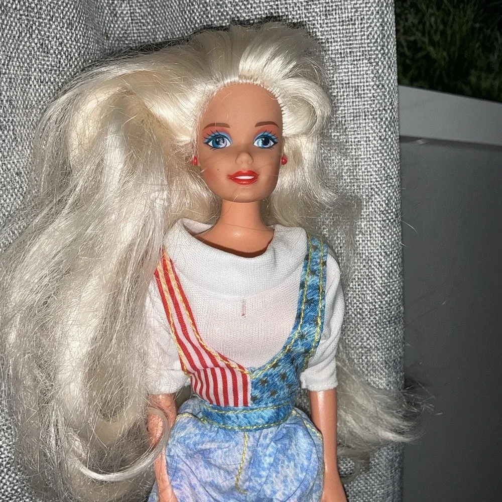 Vintage 90s Barbie Doll Acid Wash Denim Overalls Red White Blue American Flag